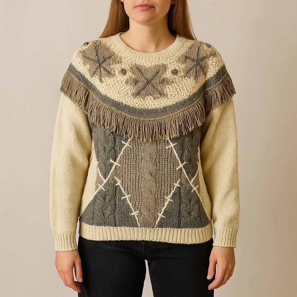 Vintage Huntington Ridge Hand Knit Fringe Sweater L Cream Gray Nordic Western